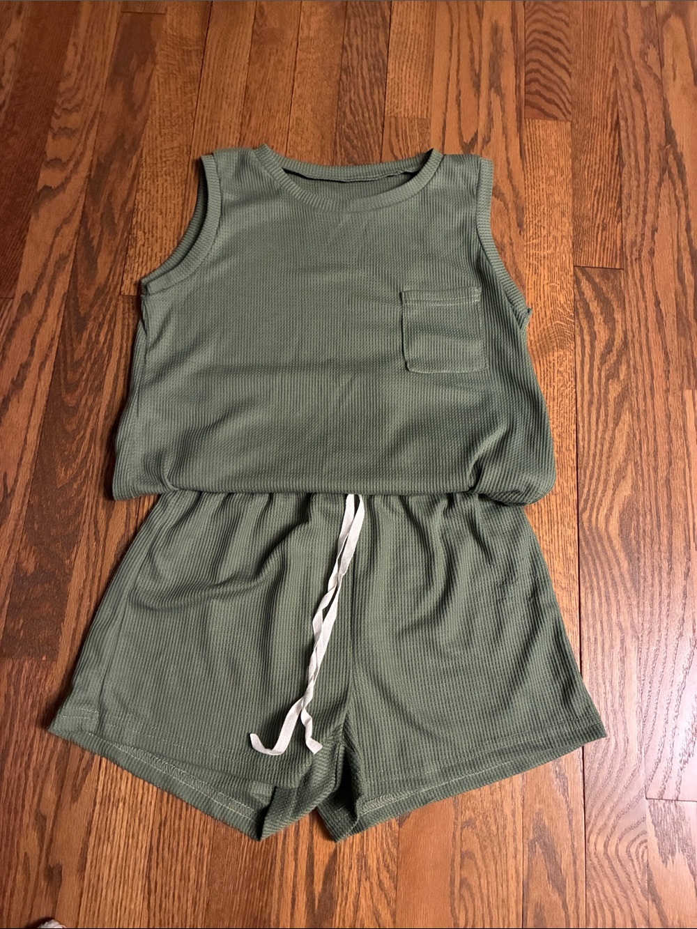 Sleeveless Ribbed Tank & Shorts Set - Olive Green